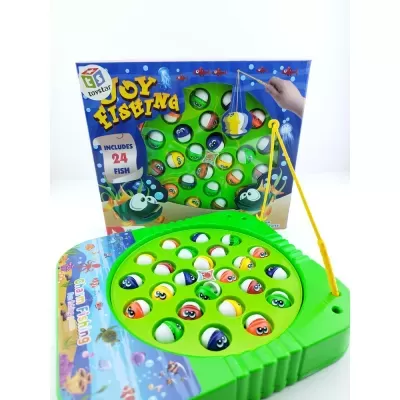 Jogo de pesca com peixes coloridos em base verde e embalagem azul.