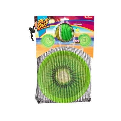 Conjunto de jogo exterior Play Out da Toi-Toys com 3 peças verdes e amarelas em rede preta