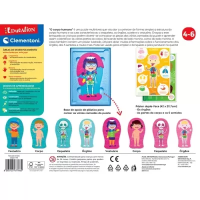 Embalagem de puzzle educativo Clementoni mostrando imagens coloridas de figuras humanas e texto explicativo em português