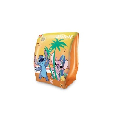 Mochila infantil laranja e amarela com personagem Stitch e palmeiras desenhadas