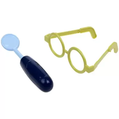 Brinquedo lupa azul e preta com óculos amarelos de plástico