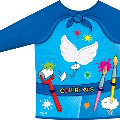 camisa azul com padrão colorido de ferramentas de pintura e palavra COLORPEPS