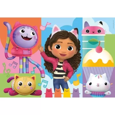 Personagem animada com cabelo castanho e orelhas de gato, rodeada de brinquedos e notas musicais coloridas.