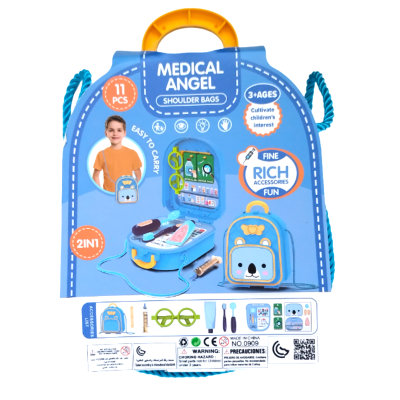 Brinquedo Medical Angel com acessórios médicos em saco de ombro azul com alça amarela