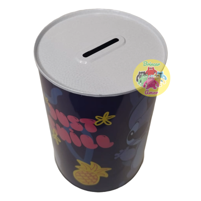 Mealheiro cilíndrico metálico com tampa branca e ilustrações coloridas