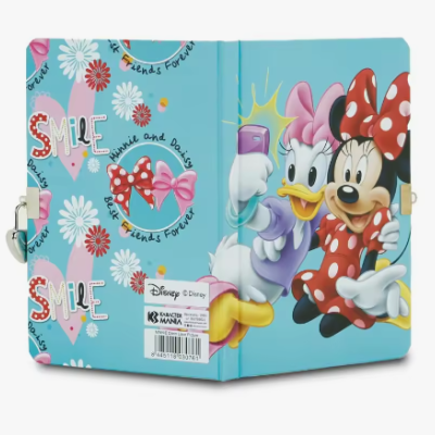 Capa de agenda com personagens Daisy e Minnie em fundo azul com flores e laços.