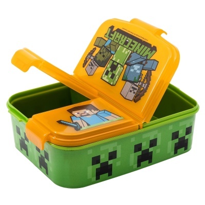 Lancheira colorida de plástico com tema Minecraft e padrão pixelizado verde.