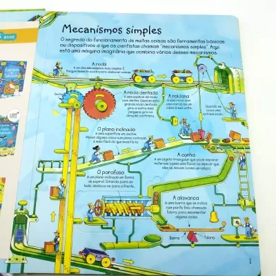 Página de livro ilustrado sobre mecanismos simples com texto em português.