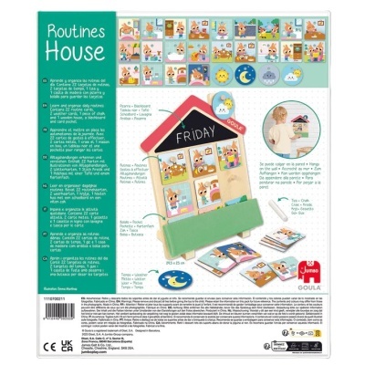 Embalagem do jogo Routines House com quadro-negro e cartões ilustrados