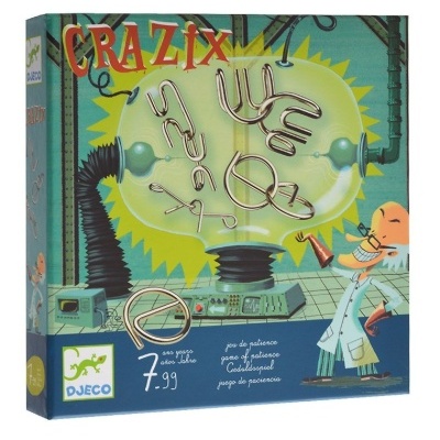 Caixa de jogo de mesa Crazix com ilustração de cientista e dispositivo luminoso