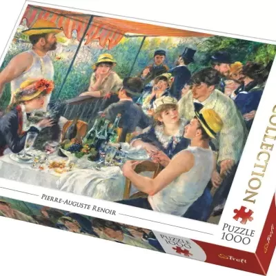 Caixa de quebra-cabeças Trefl 1000 peças com pintura de Renoir de grupo em mesa ao ar livre