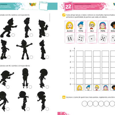 Atividades educativas infantis com personagens animados e gráfico em português