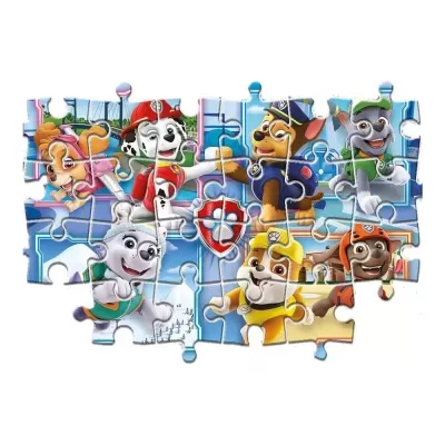 Puzzle infantil com personagens de cães patrulheiros coloridos num fundo azul