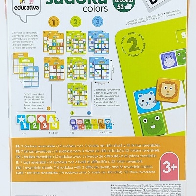 Embalagem de jogo educativo Sudoku Colors com folhas e fichas reversíveis, várias línguas e indicação 3+