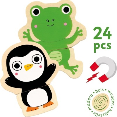 Quebra-cabeças magnético com peças de madeira em forma de sapo verde e pinguim preto e branco