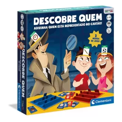 Caixa do jogo de tabuleiro Descobre Quem com personagens e peças coloridas