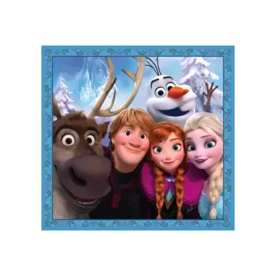 Personagens animados do filme Frozen num fundo nevado com castelo de gelo