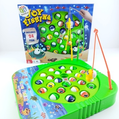 Jogo de pesca infantil verde com peixes coloridos e varas de pesca