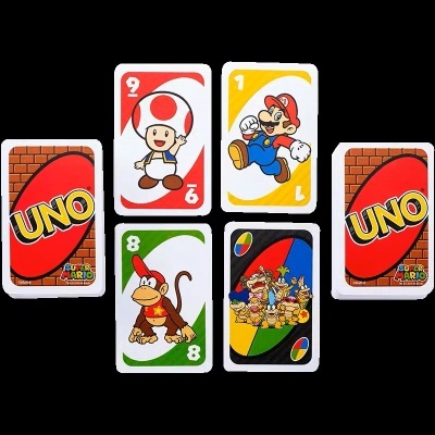 Cartas do jogo UNO Super Mario com personagens e logo UNO