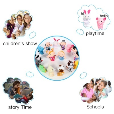 Marionetas de mão de animais e personagens coloridos para crianças com textos em inglês e fotos associadas a atividades educativas