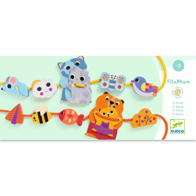 Fio de contas de madeira coloridas com animais e objetos em corda amarela