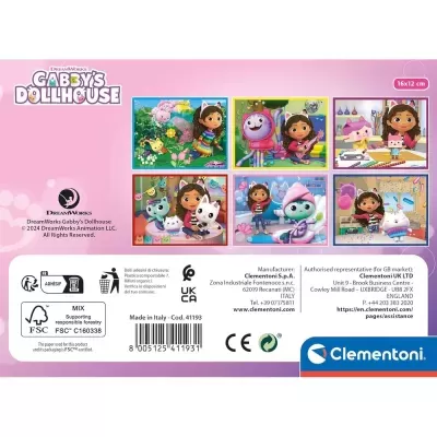 Embalagem rosa de puzzle Gabbys Dollhouse com imagens de personagens animados e texto de fabricante.