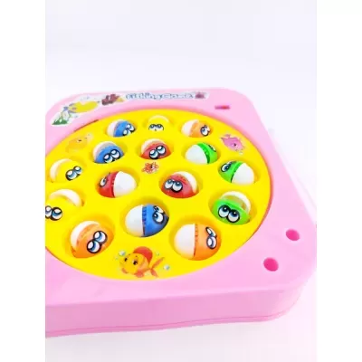 Jogo de pesca infantil em plástico rosa e amarelo com peixinhos coloridos