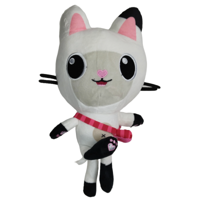 Pelúcia de gato branco com detalhes em rosa e preto e faixa rosa com saco preto