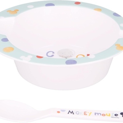 Tigela branca com desenho do Mickey e colher correspondente