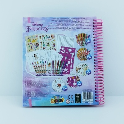 Caderno de atividades Disney Princess com materiais de desenho e espiral rosa