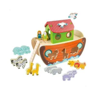 Brinquedo de madeira Arca de Noé com animais e casinha colorida