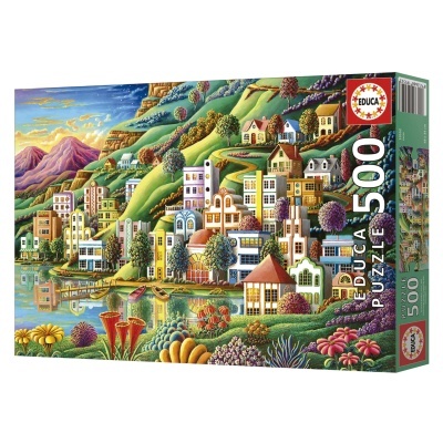 Caixa de puzzle EDUCA 500 peças com imagem de vila colorida junto a lago