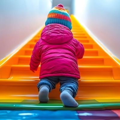 Criança a subir escada laranja, veste casaco rosa e gorro colorido