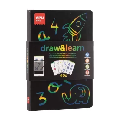 Tablet educativo APLI kids draw&learn com fichas, fundo preto com cores coloridas