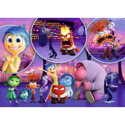 Personagens animados do filme Divertida Mente em fundo lilás com expressões emocionais