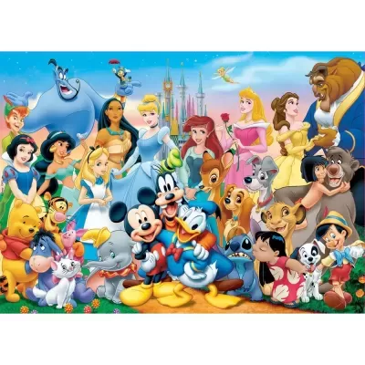 Personagens animados da Disney reunidos com um castelo ao fundo e céu azul
