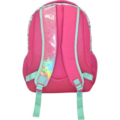 Mochila cor-de-rosa com alças acolchoadas e detalhes brilhantes holográficos