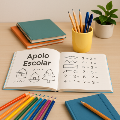 Livro aberto de apoio escolar com exercícios e desenhos, lápis de cor, caderno azul, canecas com lápis e planta sobre mesa clara