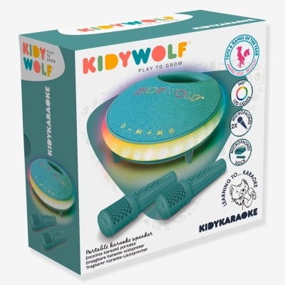 Caixa de produto karaokê portátil KIDYWOLF com colunas azuis e microfones