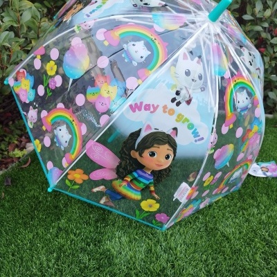 Guarda-chuva infantil transparente com desenhos coloridos e personagem cartoon