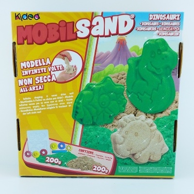 Caixa de areia cinética Mobil Sand com moldes de dinossauros e texto em italiano