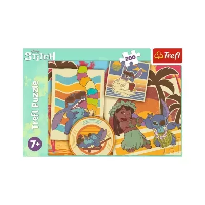 Imagem da embalagem do puzzle Trefl Disney Stitch com 200 peças e personagens Lilo e Stitch em fundo tropical.