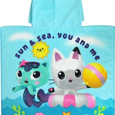 Poncho de banho azul claro com desenhos de gatos e frase em inglês.