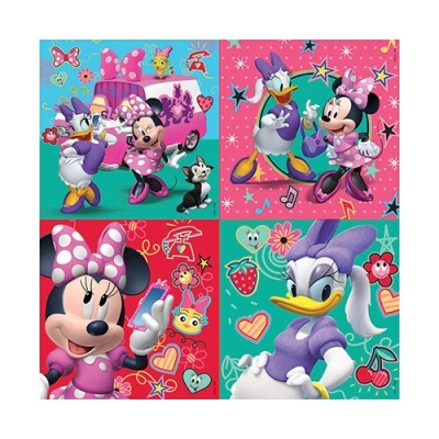 Personagens Disney Minnie Mouse e Margarida em quatro quadrantes coloridos com elementos decorativos