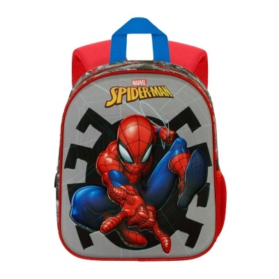 Mochila infantil vermelha e cinza com imagem do Homem-Aranha e texto MARVEL SPIDERMAN