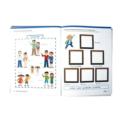 Livro de vocabulário em inglês aberto com desenhos de famílias e molduras para preencher