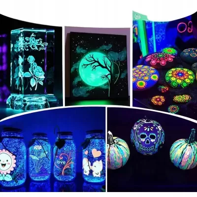 Objetos decorativos que brilham no escuro com padrões coloridos e desenhos em vidro, pedras, tela e abóboras.