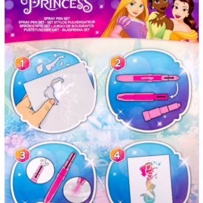 Embalagem do kit Disney Princess Spray Pen Set com princesas e instruções de uso
