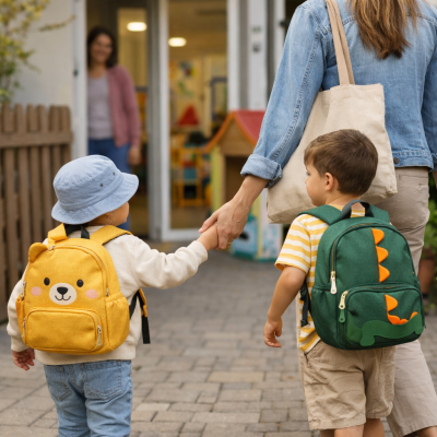 Crianças com mochilas escolares coloridas segurando a mão de uma mulher em ambiente escolar.