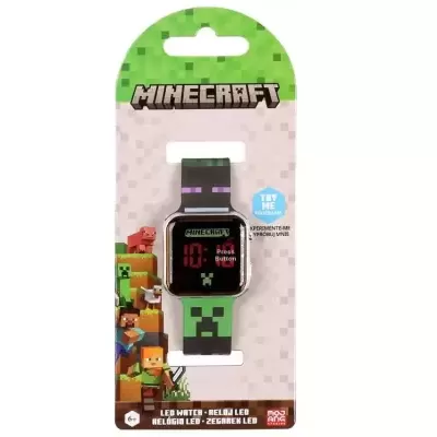Relógio digital LED Minecraft com correia verde e padrão Creeper em embalagem de cartão com personagens do jogo